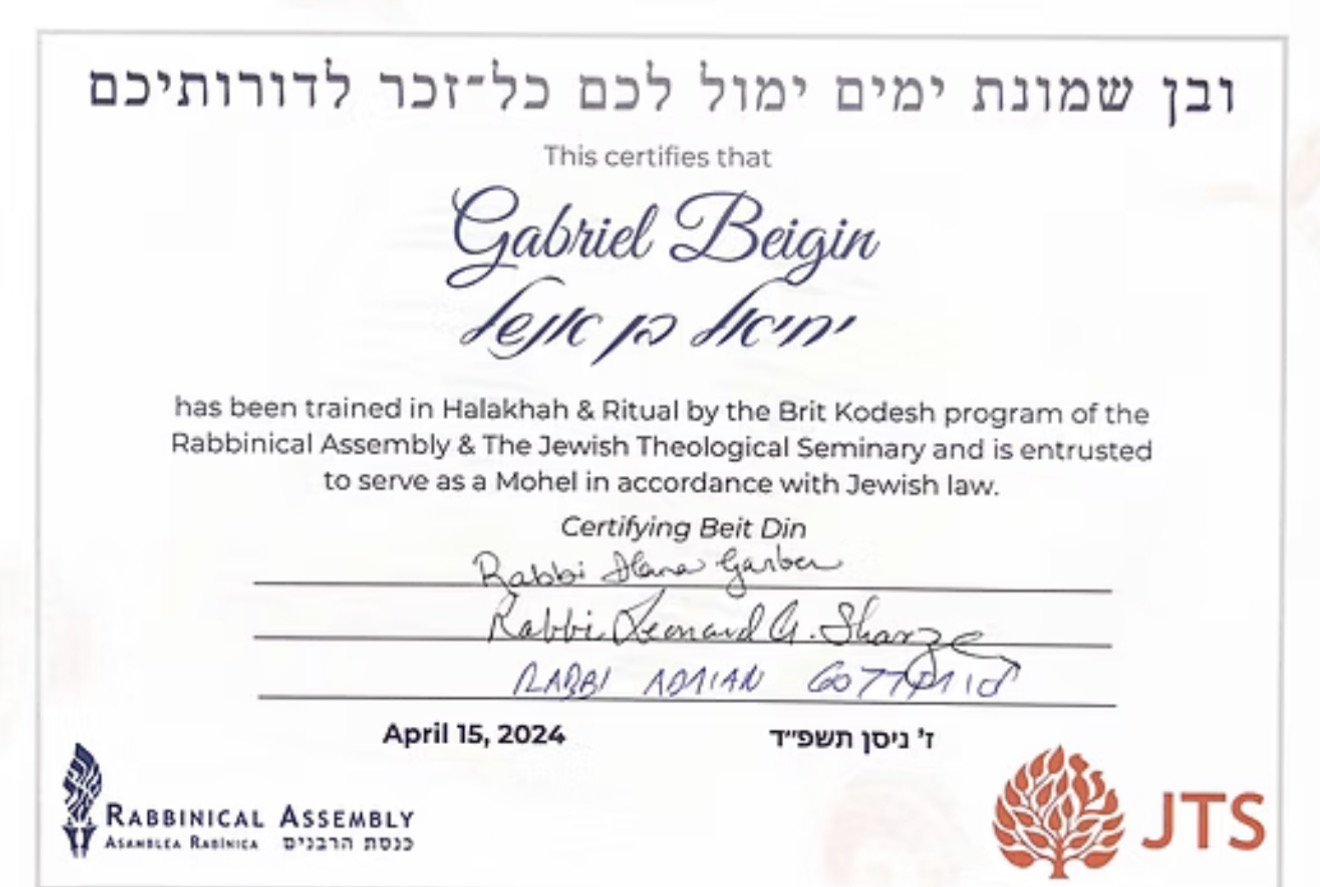 Certificado de Mohel do programa Brit Kodesh